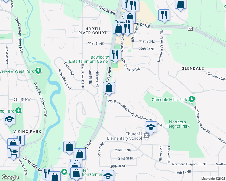 map of restaurants, bars, coffee shops, grocery stores, and more near 2530 North Broadway Avenue in Rochester
