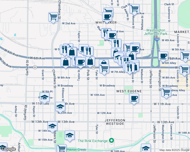 map of restaurants, bars, coffee shops, grocery stores, and more near 780 Tyler Street in Eugene