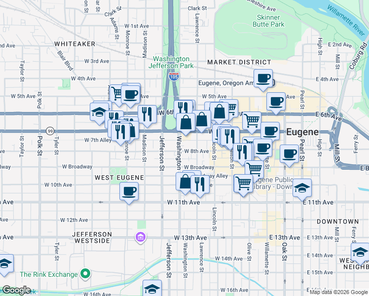 map of restaurants, bars, coffee shops, grocery stores, and more near in Eugene