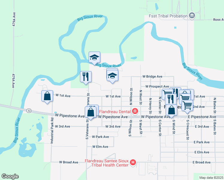 map of restaurants, bars, coffee shops, grocery stores, and more near 700 West Community Drive in Flandreau