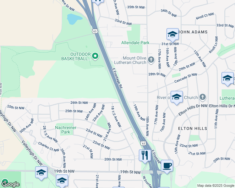 map of restaurants, bars, coffee shops, grocery stores, and more near 3701 Marketplace Drive Northwest in Rochester