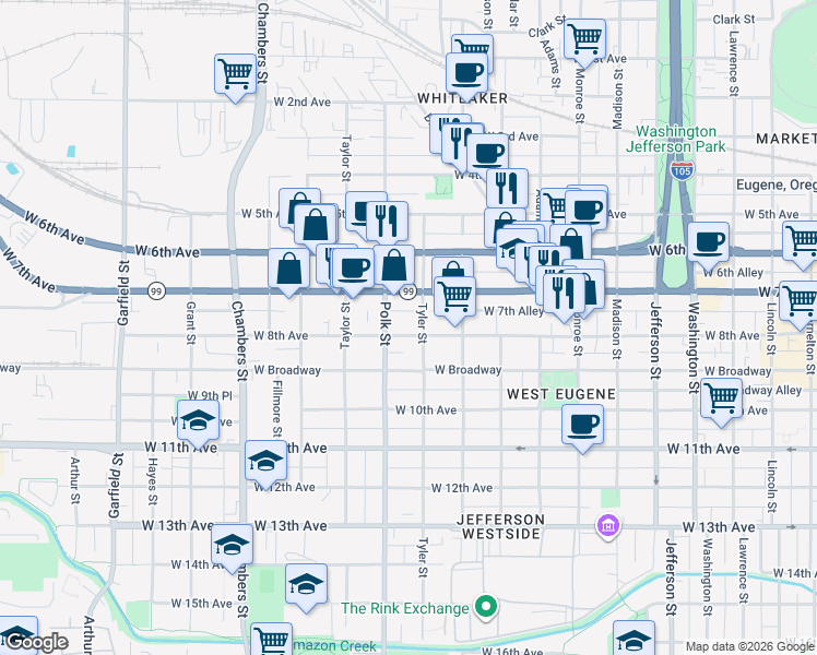 map of restaurants, bars, coffee shops, grocery stores, and more near 1233 West 8th Avenue in Eugene