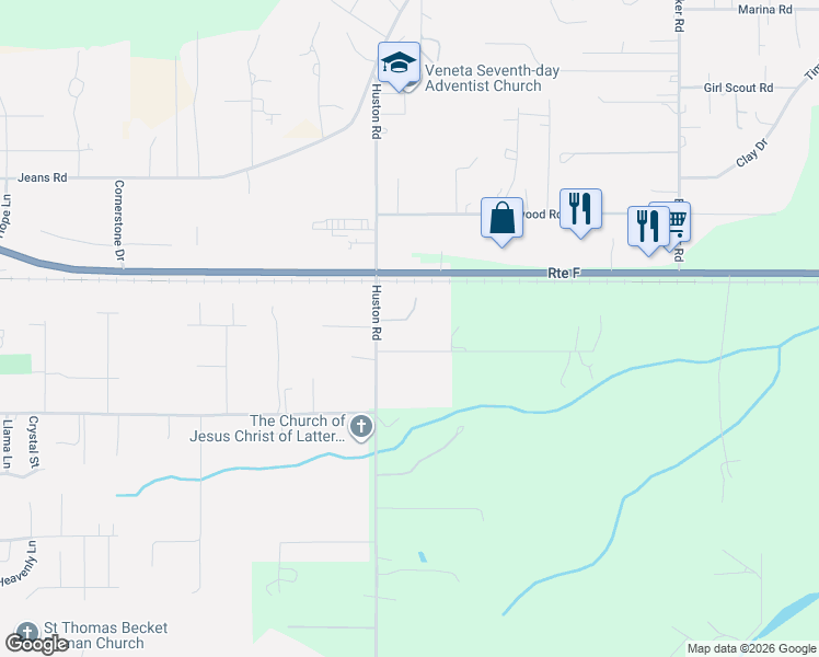 map of restaurants, bars, coffee shops, grocery stores, and more near 88165 Huston Road in Veneta
