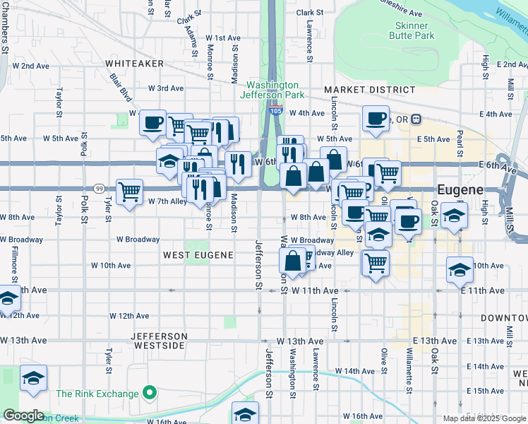 map of restaurants, bars, coffee shops, grocery stores, and more near 842 Jefferson Street in Eugene