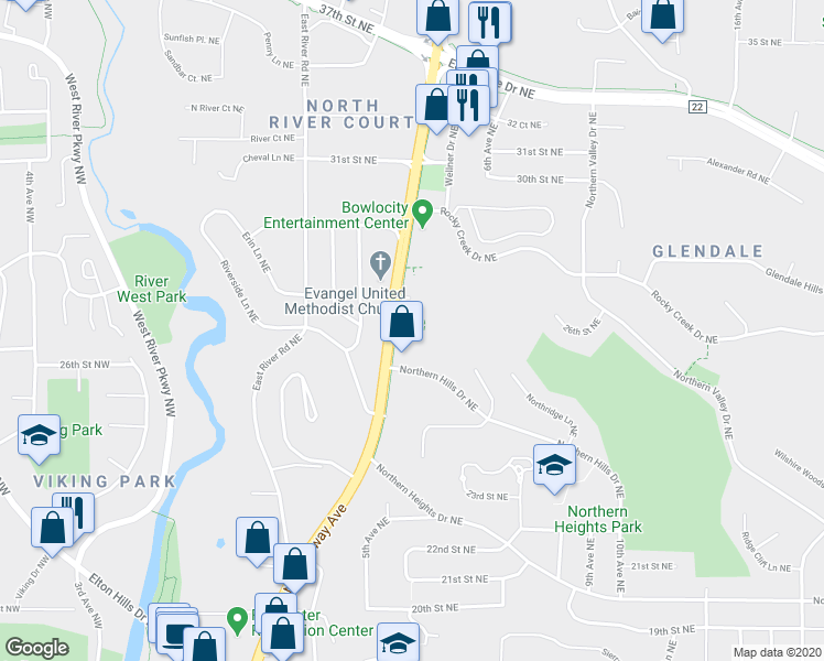 map of restaurants, bars, coffee shops, grocery stores, and more near 2530 North Broadway Avenue in Rochester