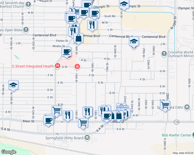 map of restaurants, bars, coffee shops, grocery stores, and more near 1828 E Street in Springfield