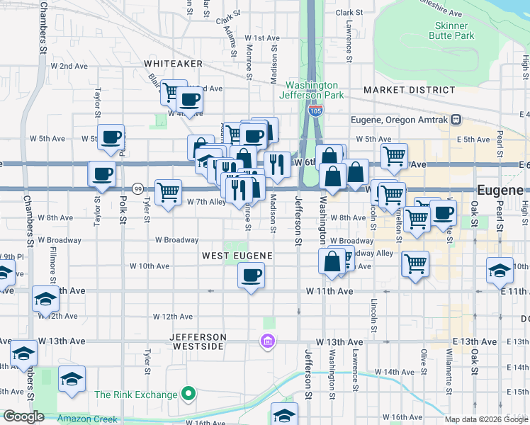 map of restaurants, bars, coffee shops, grocery stores, and more near 836 Madison Street in Eugene