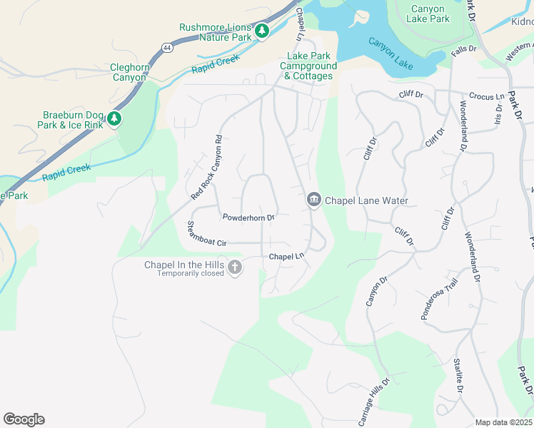 map of restaurants, bars, coffee shops, grocery stores, and more near 3520 Chapel Valley Road in Rapid City