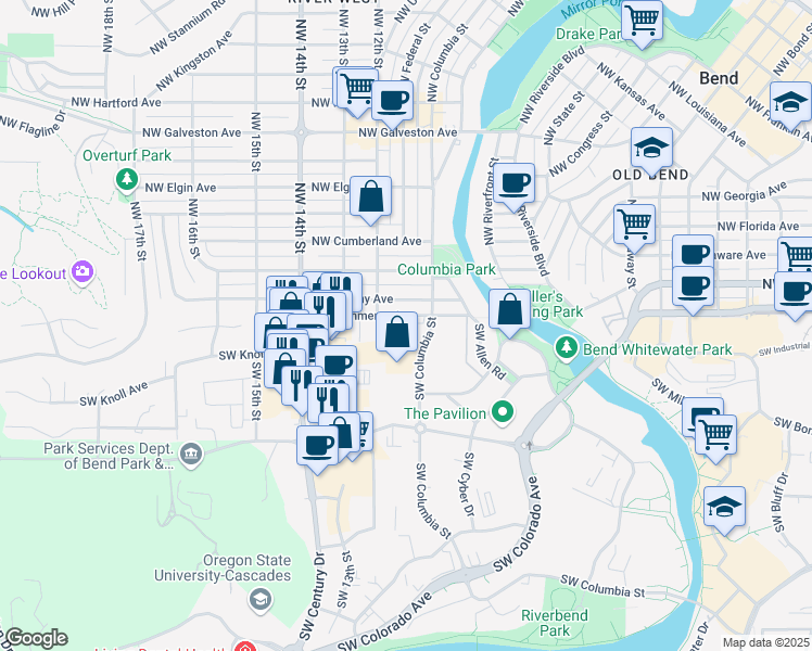 map of restaurants, bars, coffee shops, grocery stores, and more near 107 SW Columbia St in Bend