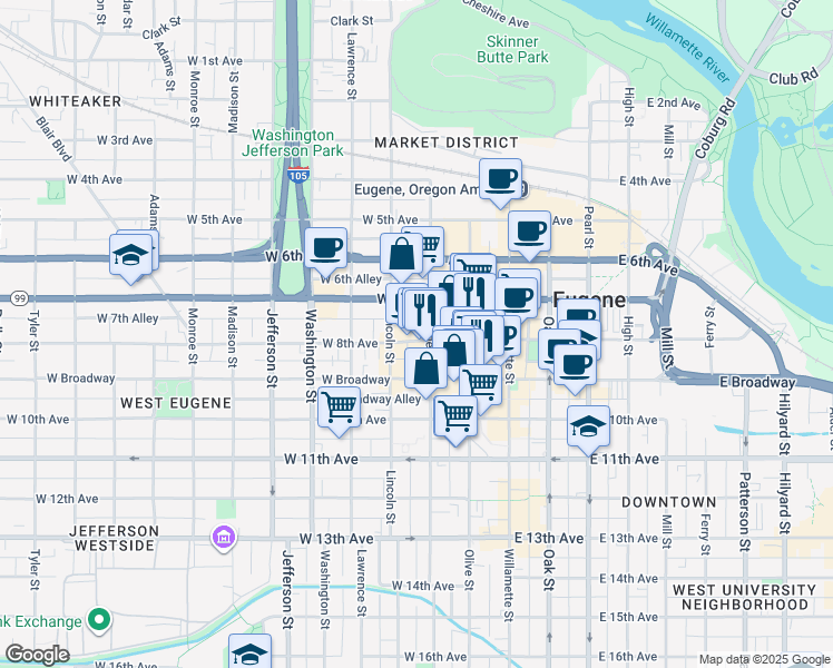 map of restaurants, bars, coffee shops, grocery stores, and more near 265 West 8th Avenue in Eugene