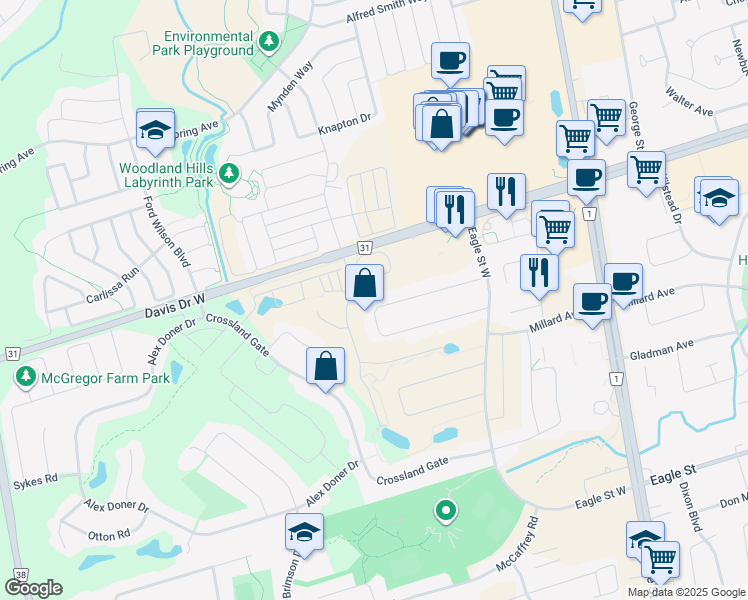 map of restaurants, bars, coffee shops, grocery stores, and more near 203 John Bowser Crescent in Newmarket