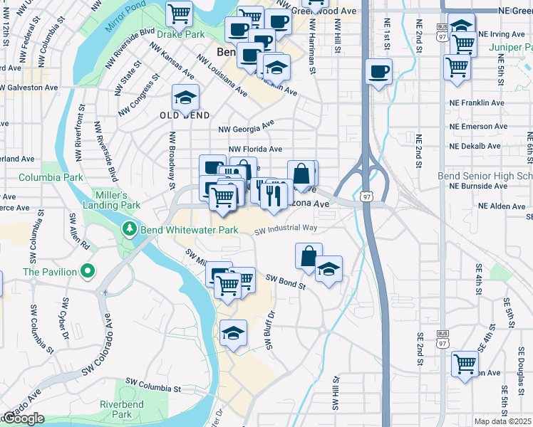 map of restaurants, bars, coffee shops, grocery stores, and more near 310 Southwest Industrial Way in Bend