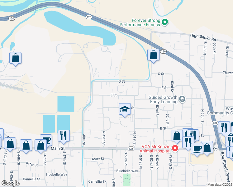 map of restaurants, bars, coffee shops, grocery stores, and more near 5033 E Street in Springfield