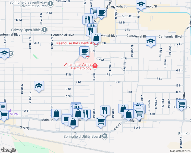map of restaurants, bars, coffee shops, grocery stores, and more near 647 16th Street in Springfield