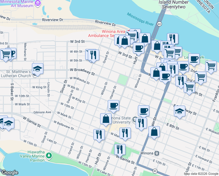 map of restaurants, bars, coffee shops, grocery stores, and more near 351 West Wabasha Street in Winona