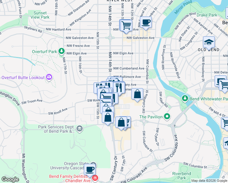 map of restaurants, bars, coffee shops, grocery stores, and more near 35 Southwest Century Drive in Bend