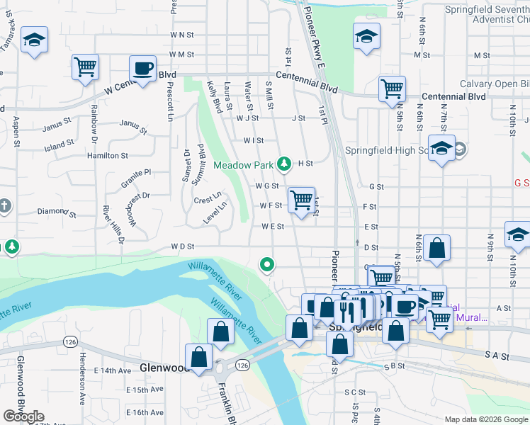 map of restaurants, bars, coffee shops, grocery stores, and more near 559 Water Street in Springfield