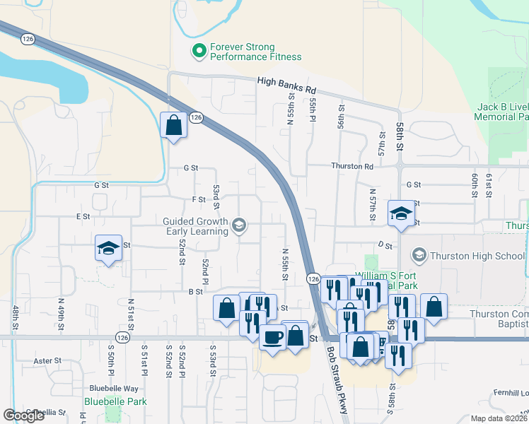 map of restaurants, bars, coffee shops, grocery stores, and more near 5419 E Street in Springfield