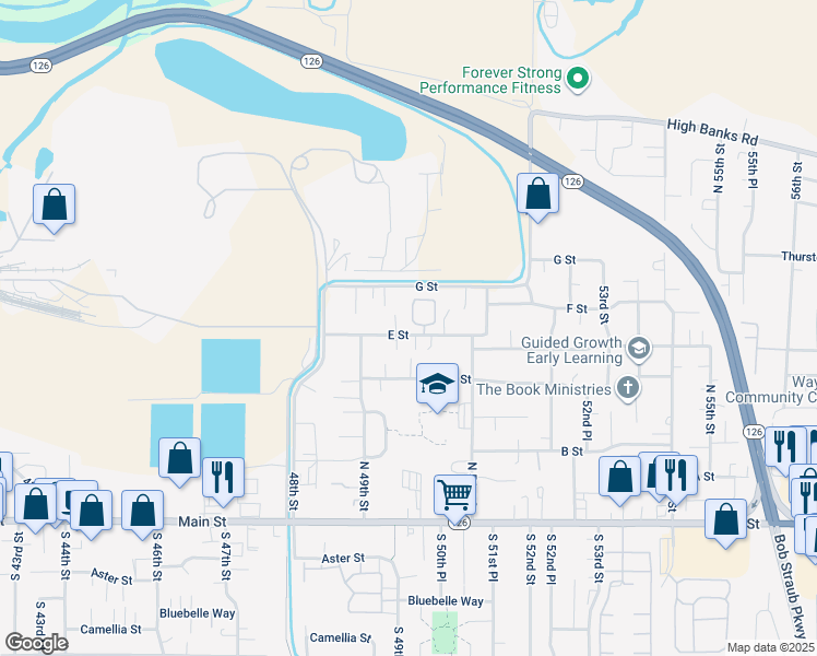 map of restaurants, bars, coffee shops, grocery stores, and more near 5033 E Street in Springfield
