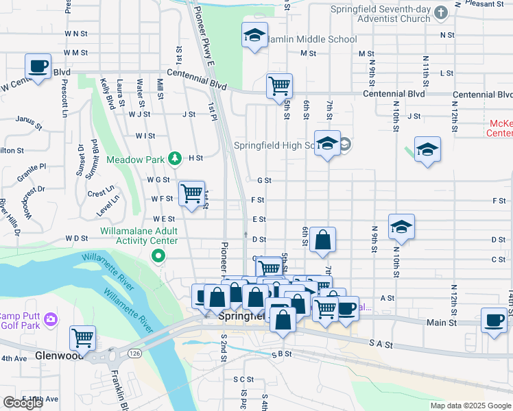 map of restaurants, bars, coffee shops, grocery stores, and more near 554 4th Street in Springfield