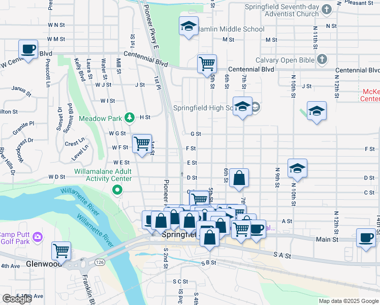 map of restaurants, bars, coffee shops, grocery stores, and more near 329 F Street in Springfield