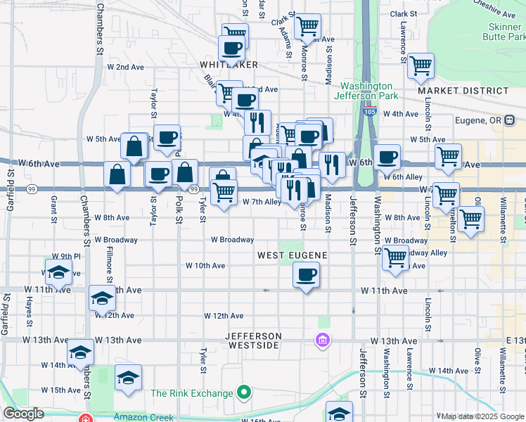 map of restaurants, bars, coffee shops, grocery stores, and more near 840 Jackson Street in Eugene