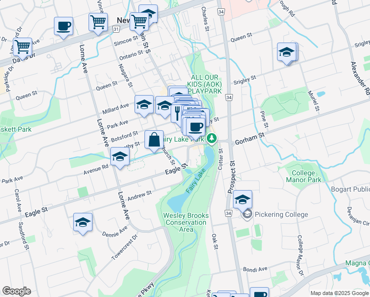 map of restaurants, bars, coffee shops, grocery stores, and more near in Newmarket