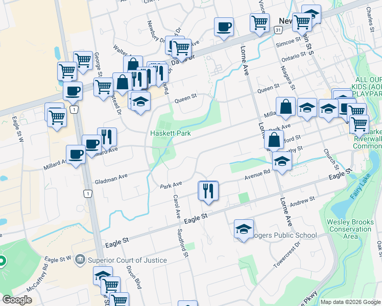 map of restaurants, bars, coffee shops, grocery stores, and more near 193 Beechwood Crescent in Newmarket