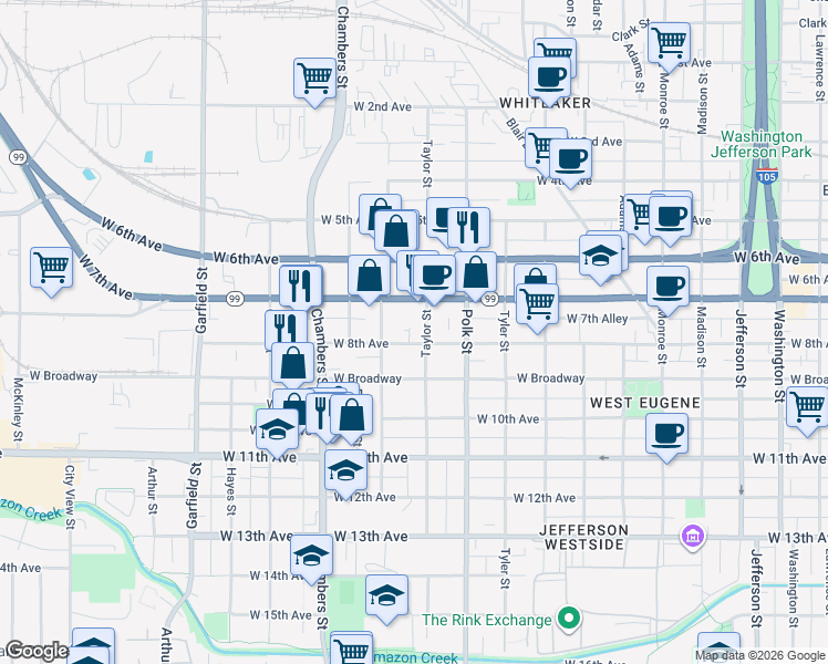 map of restaurants, bars, coffee shops, grocery stores, and more near 1425 West 8th Avenue in Eugene