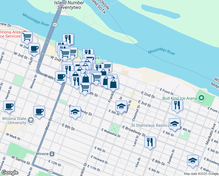 map of restaurants, bars, coffee shops, grocery stores, and more near 230 East 4th Street in Winona