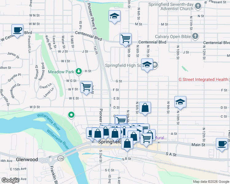 map of restaurants, bars, coffee shops, grocery stores, and more near 554 4th Street in Springfield