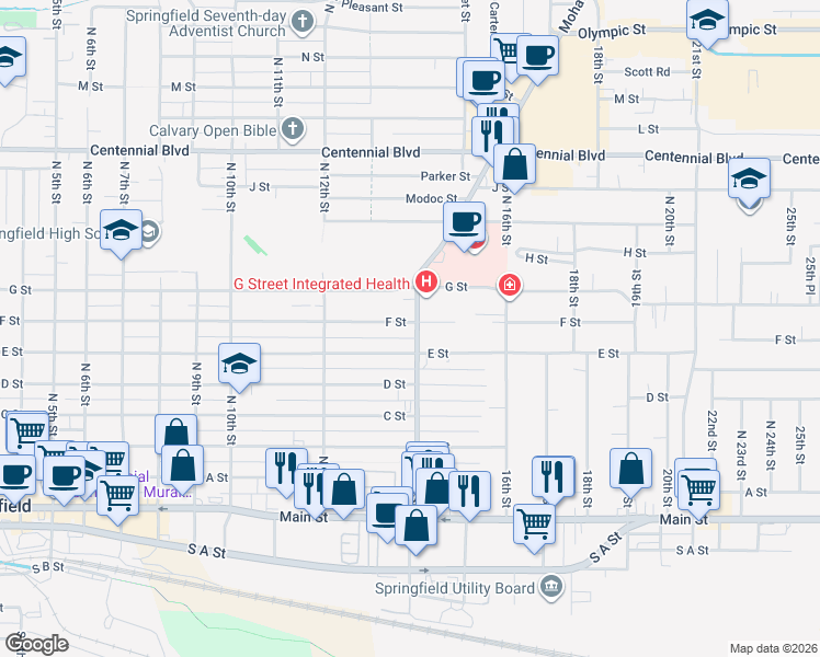 map of restaurants, bars, coffee shops, grocery stores, and more near 1375 F Street in Springfield