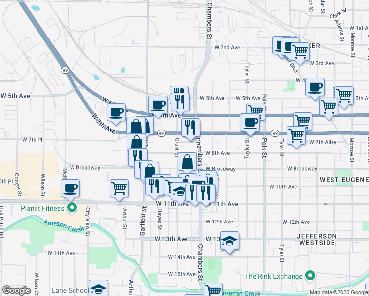 map of restaurants, bars, coffee shops, grocery stores, and more near 785 Grant Street in Eugene