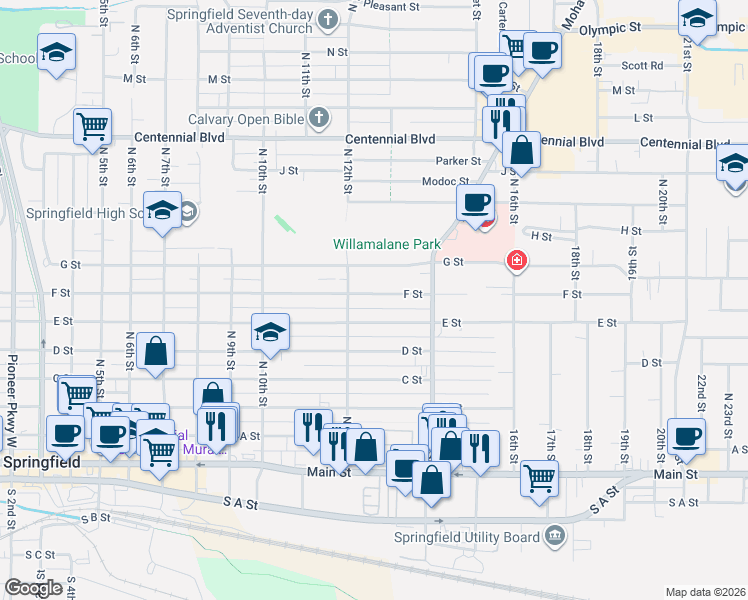 map of restaurants, bars, coffee shops, grocery stores, and more near 1263 F Street in Springfield