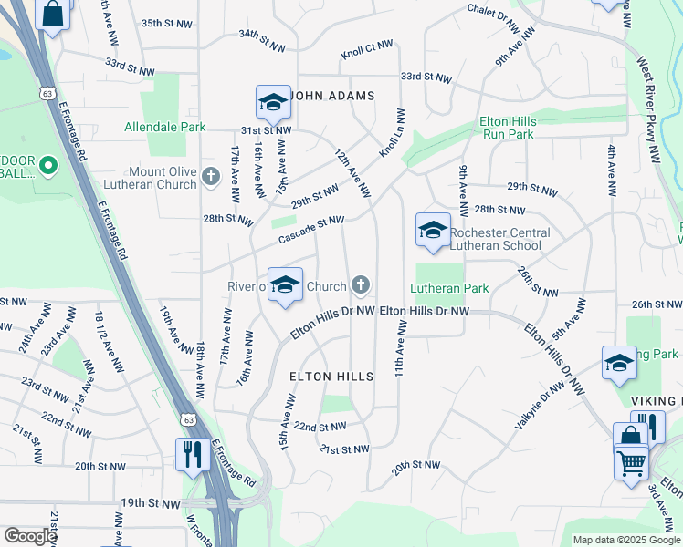 map of restaurants, bars, coffee shops, grocery stores, and more near 2541 13th Avenue Northwest in Rochester