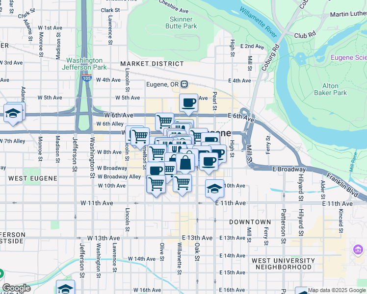 map of restaurants, bars, coffee shops, grocery stores, and more near Willamette Street in Eugene