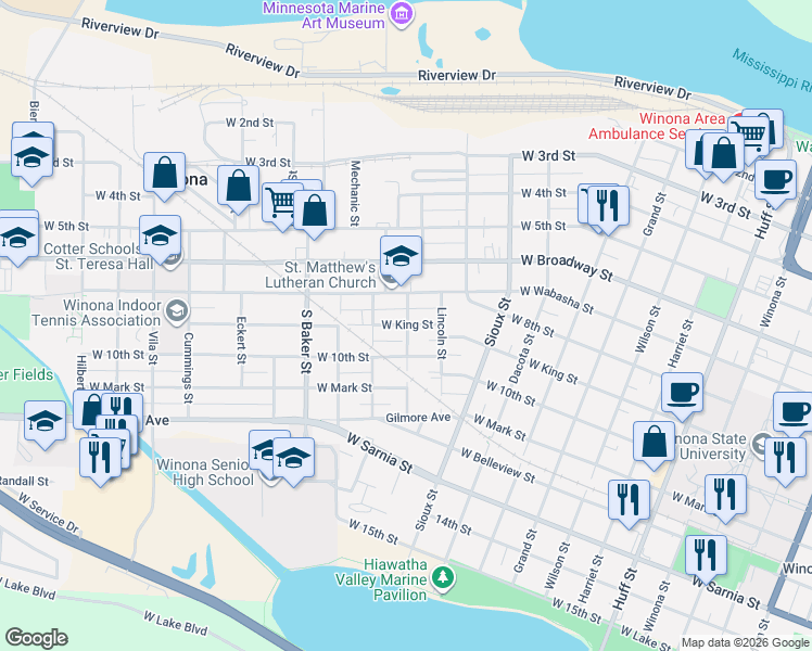 map of restaurants, bars, coffee shops, grocery stores, and more near 752 West Howard Street in Winona