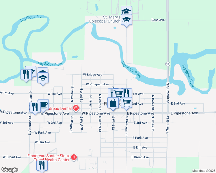 map of restaurants, bars, coffee shops, grocery stores, and more near 400-498 North Wind Street in Flandreau
