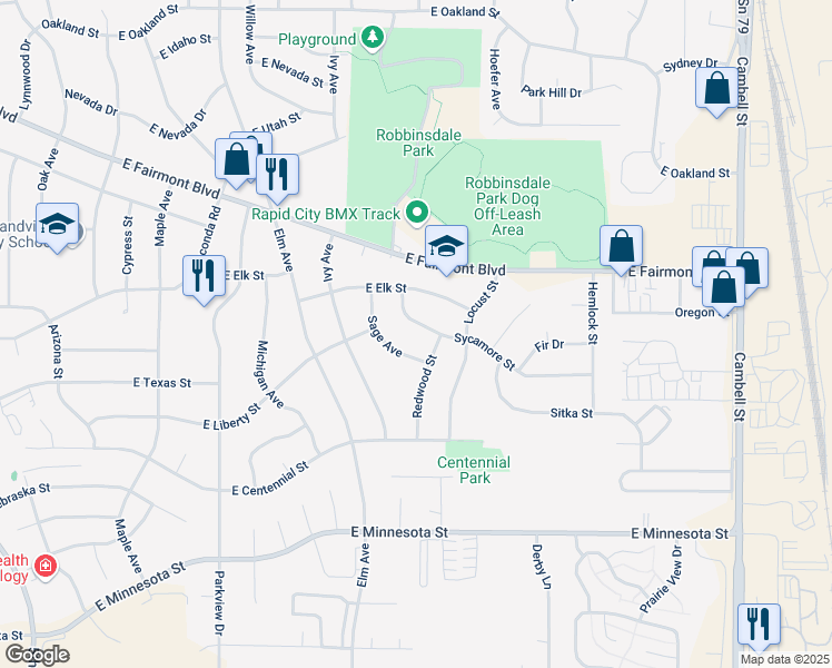 map of restaurants, bars, coffee shops, grocery stores, and more near 810 Sycamore Street in Rapid City