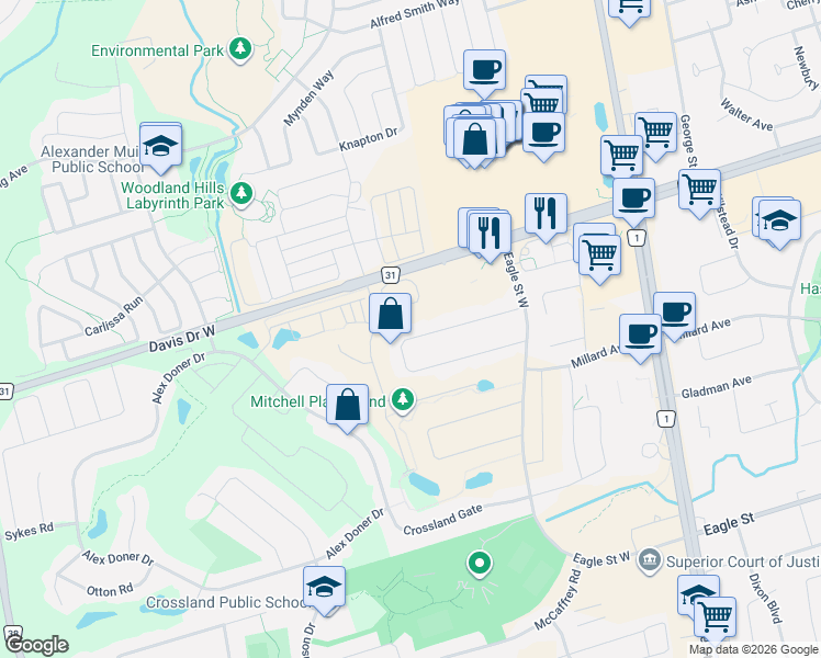 map of restaurants, bars, coffee shops, grocery stores, and more near 195 John Bowser Crescent in Newmarket