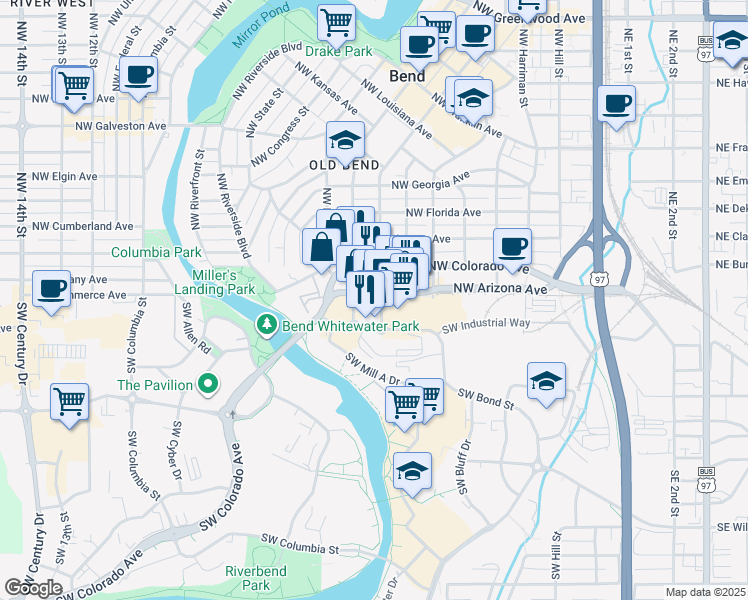 map of restaurants, bars, coffee shops, grocery stores, and more near 725 Northwest Colorado Avenue in Bend