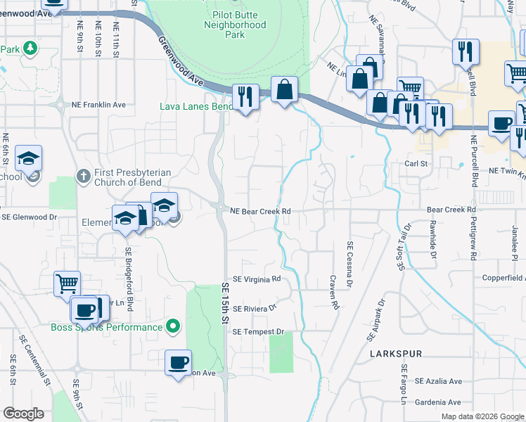 map of restaurants, bars, coffee shops, grocery stores, and more near 1639 Northeast Bear Creek Road in Bend