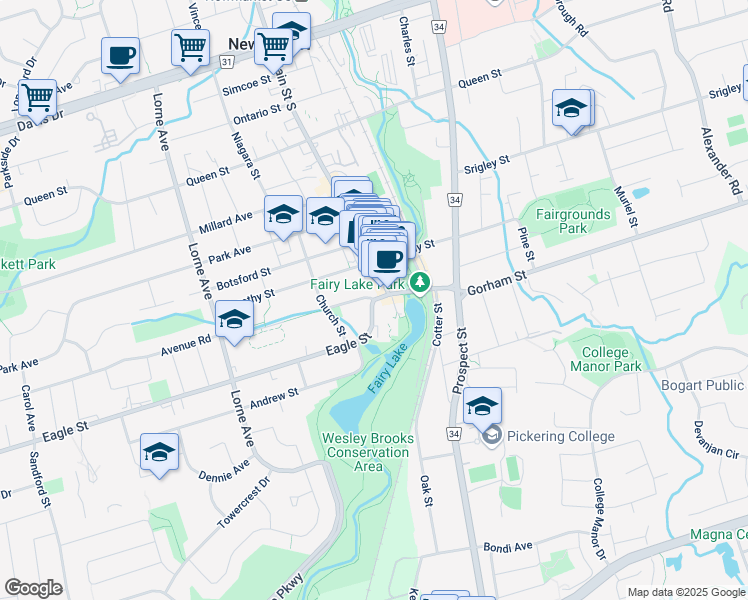 map of restaurants, bars, coffee shops, grocery stores, and more near Eagle St & Water St in Newmarket