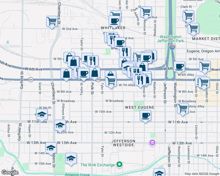 map of restaurants, bars, coffee shops, grocery stores, and more near 780 Van Buren Street in Eugene