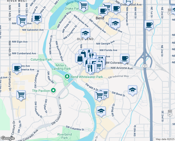 map of restaurants, bars, coffee shops, grocery stores, and more near 725 Northwest Colorado Avenue in Bend
