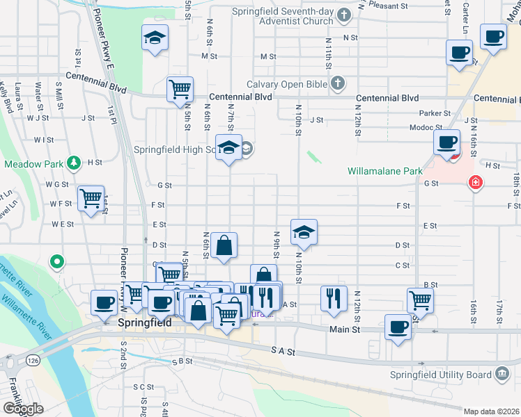 map of restaurants, bars, coffee shops, grocery stores, and more near 751 8th Street in Springfield