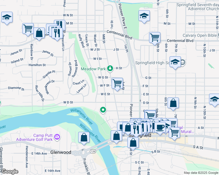 map of restaurants, bars, coffee shops, grocery stores, and more near 767 Water Street in Springfield