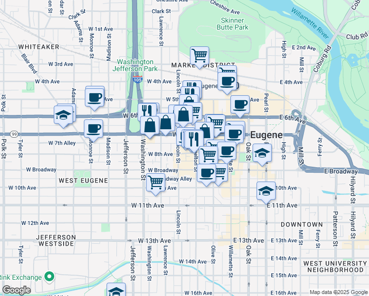 map of restaurants, bars, coffee shops, grocery stores, and more near 330 West 7th Avenue in Eugene