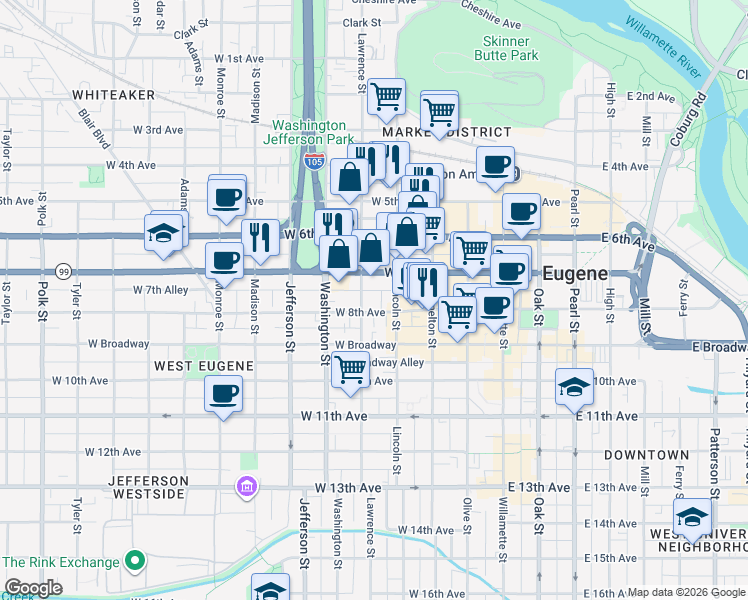 map of restaurants, bars, coffee shops, grocery stores, and more near 700 Lawrence Street in Eugene