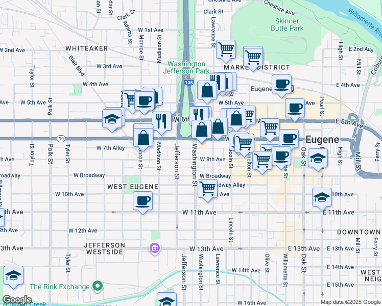 map of restaurants, bars, coffee shops, grocery stores, and more near in Eugene